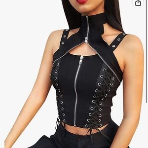 Gothic Crop Zip Up Turtleneck Lace Up Bandage Sleeveless Cropped Top